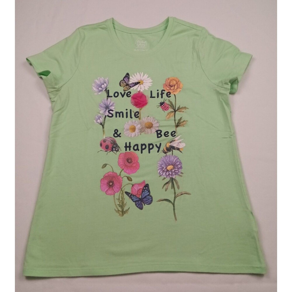 Faded Glory Girls XL 14-16 Bee Happy Flower Butterfly Graphic T-Shirt Green